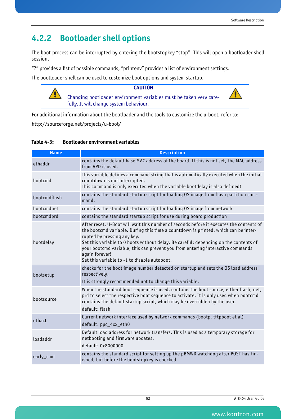 2 bootloader shell options, Table 4-3: bootloader environment variables | Kontron AT8404 User Manual | Page 65 / 132