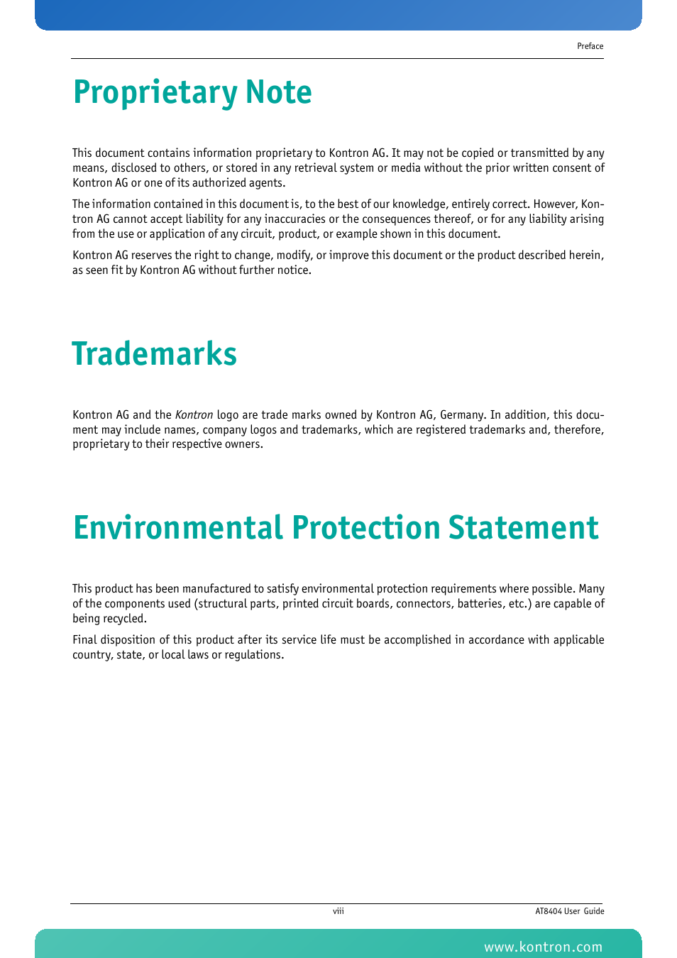 Proprietary note, Trademarks, Environmental protection statement | Kontron AT8404 User Manual | Page 8 / 132