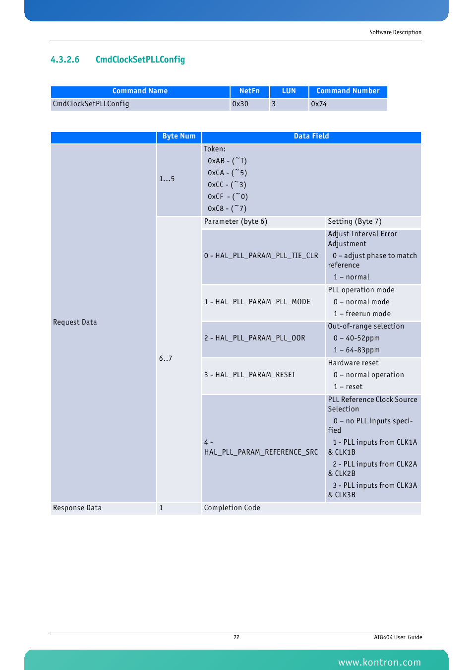 6 cmdclocksetpllconfig | Kontron AT8404 User Manual | Page 85 / 132