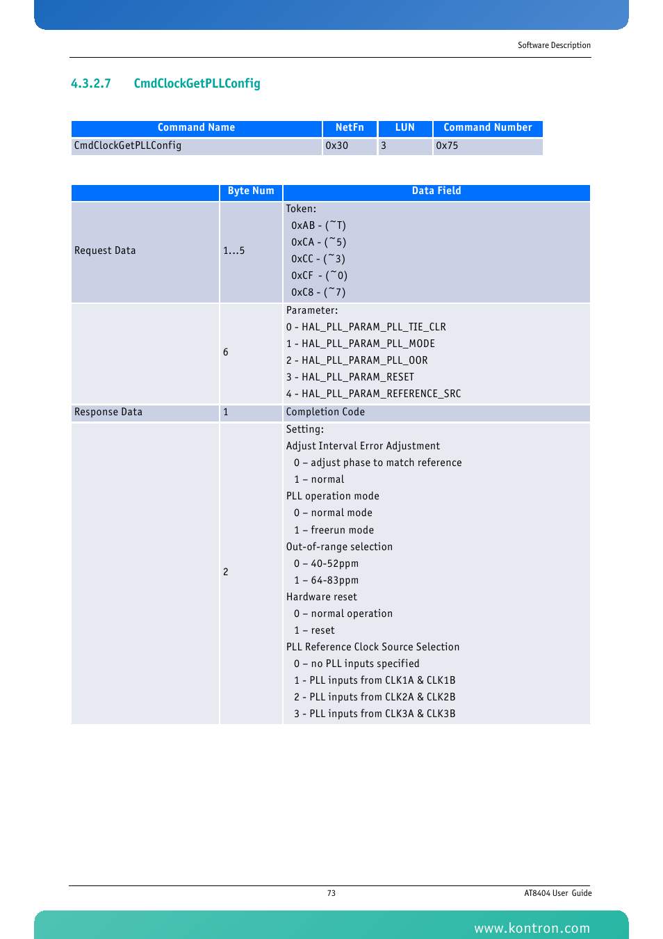 7 cmdclockgetpllconfig | Kontron AT8404 User Manual | Page 86 / 132