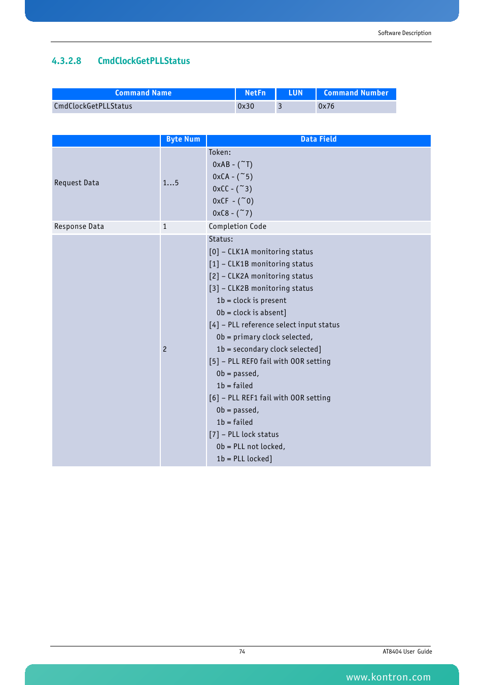 8 cmdclockgetpllstatus | Kontron AT8404 User Manual | Page 87 / 132