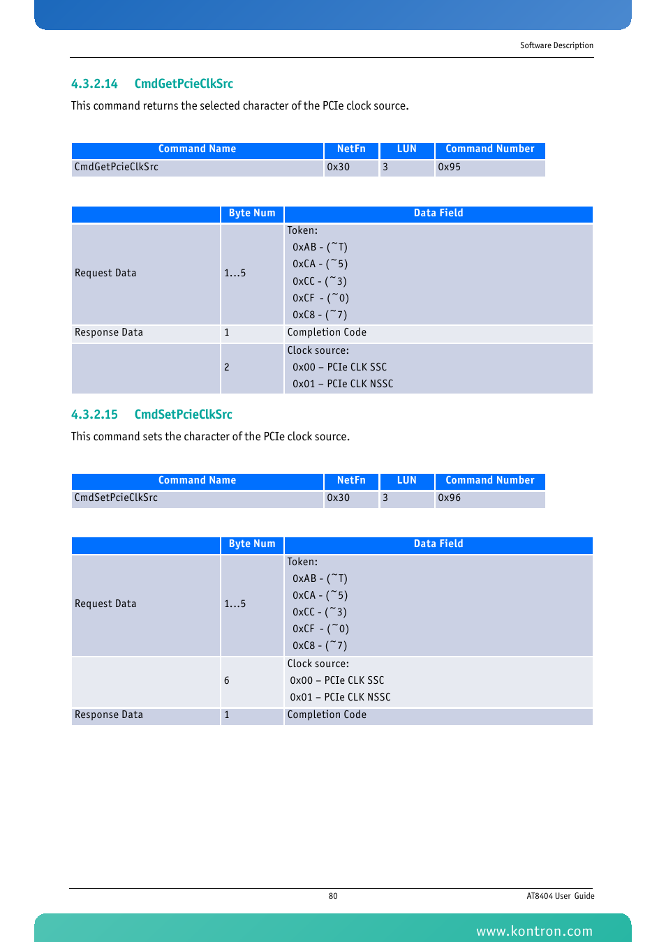 14 cmdgetpcieclksrc, 15 cmdsetpcieclksrc | Kontron AT8404 User Manual | Page 93 / 132