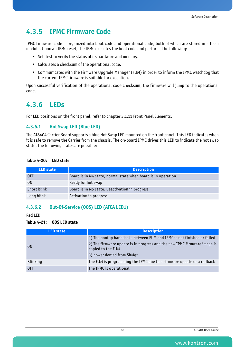 5 ipmc firmware code, 6 leds, 5 ipmc firmware code 4.3.6 leds | Table 4-20: led state table 4-21: oos led state | Kontron AT8404 User Manual | Page 96 / 132