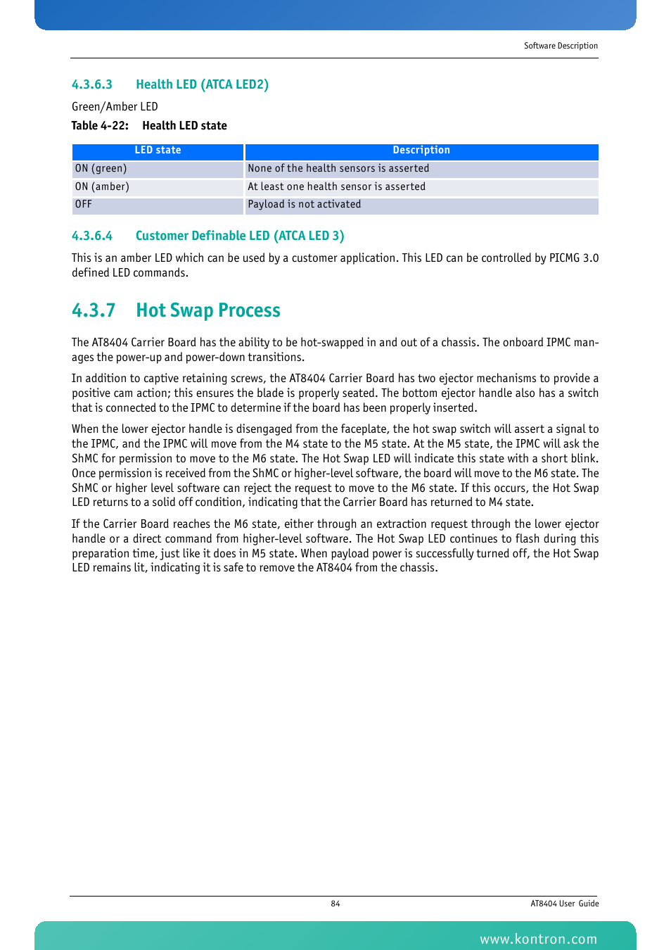 7 hot swap process, Table 4-22: health led state | Kontron AT8404 User Manual | Page 97 / 132