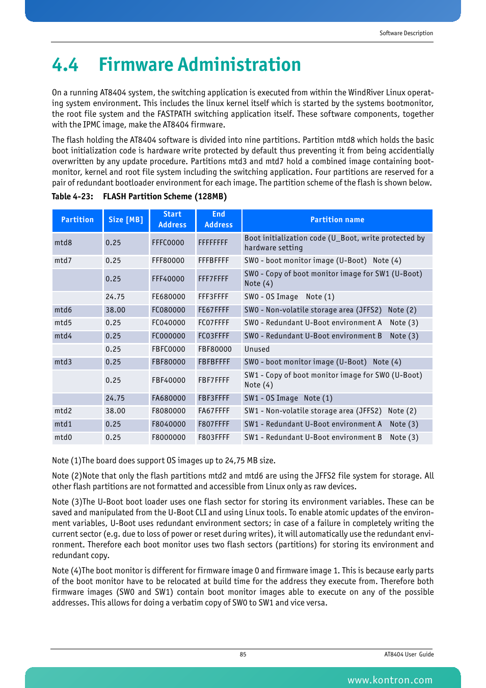 4 firmware administration, Table 4-23: flash partition scheme (128mb) | Kontron AT8404 User Manual | Page 98 / 132