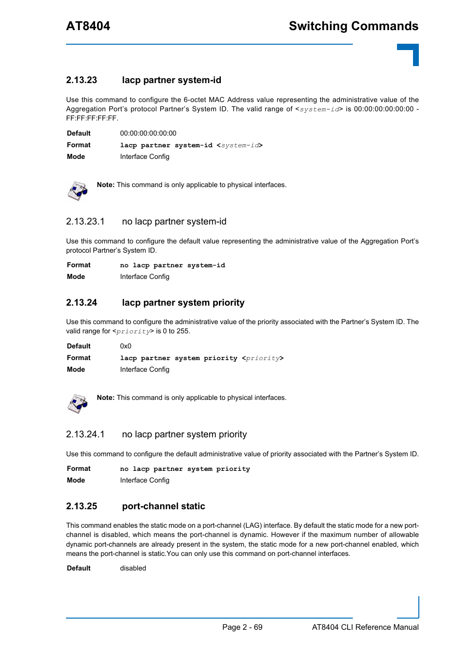 23 lacp partner system-id, 1 no lacp partner system-id, 24 lacp partner system priority | 1 no lacp partner system priority, 25 port-channel static, At8404 switching commands | Kontron AT8404 CLI User Manual | Page 105 / 373