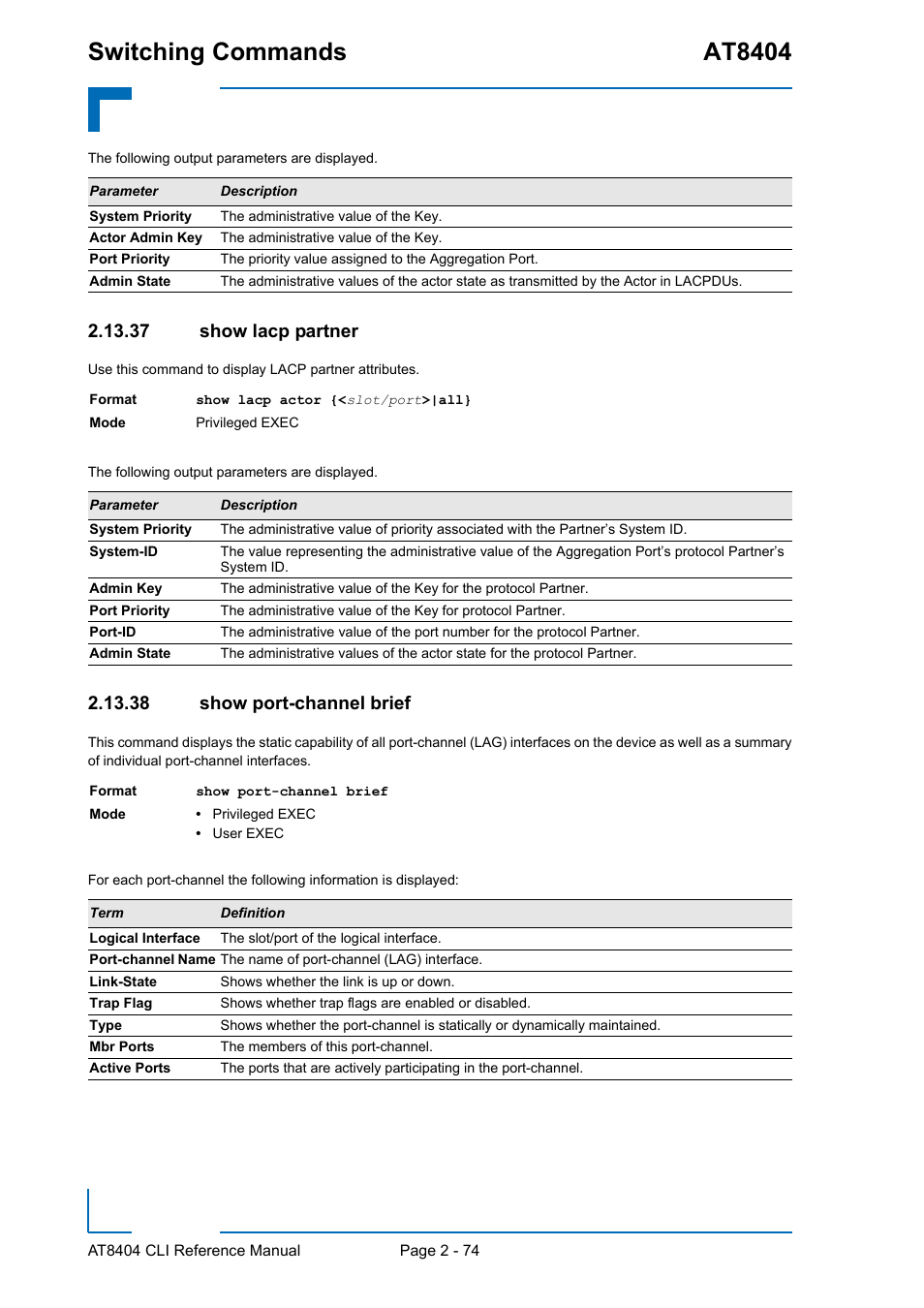 37 show lacp partner, 38 show port-channel brief, Switching commands at8404 | Kontron AT8404 CLI User Manual | Page 110 / 373