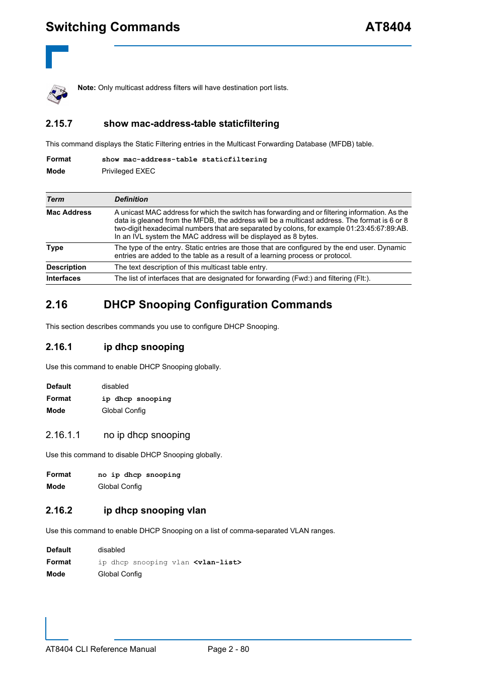 7 show mac-address-table staticfiltering, 16 dhcp snooping configuration commands, 1 ip dhcp snooping | 1 no ip dhcp snooping, 2 ip dhcp snooping vlan, Show mac-address-table staticfiltering - 80, 16 dhcp snooping configuration commands - 80, Ip dhcp snooping - 80, Ip dhcp snooping vlan - 80, Switching commands at8404 | Kontron AT8404 CLI User Manual | Page 116 / 373