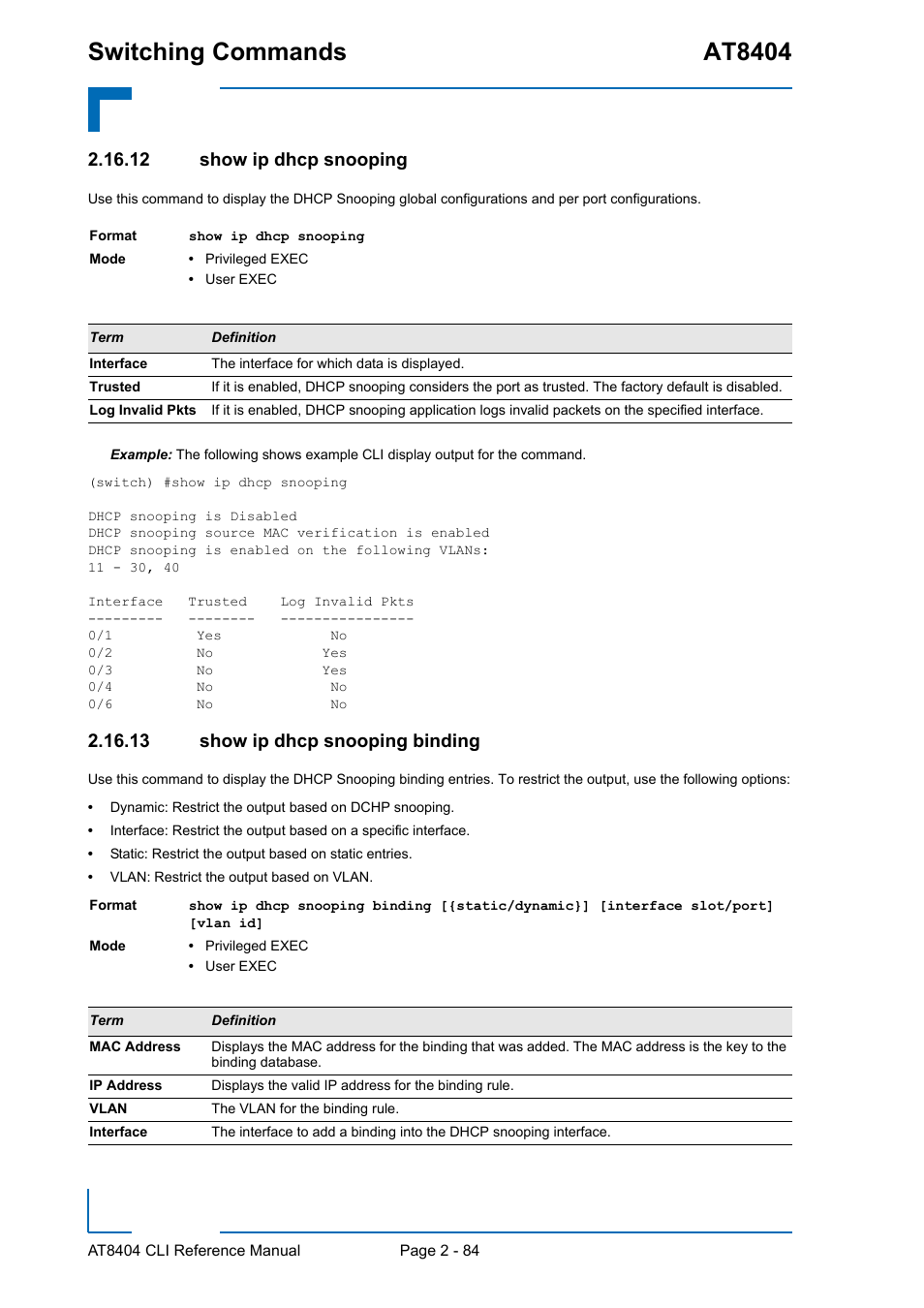 12 show ip dhcp snooping, 13 show ip dhcp snooping binding, Switching commands at8404 | Kontron AT8404 CLI User Manual | Page 120 / 373