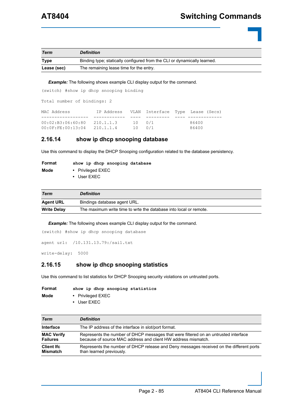 14 show ip dhcp snooping database, 15 show ip dhcp snooping statistics, At8404 switching commands | Kontron AT8404 CLI User Manual | Page 121 / 373