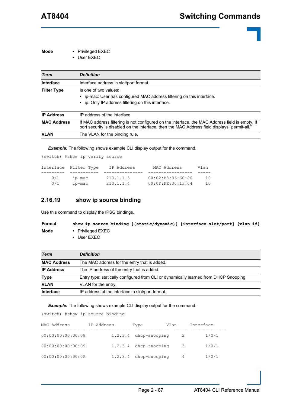 19 show ip source binding, 19 show ip source binding - 87, At8404 switching commands | Kontron AT8404 CLI User Manual | Page 123 / 373