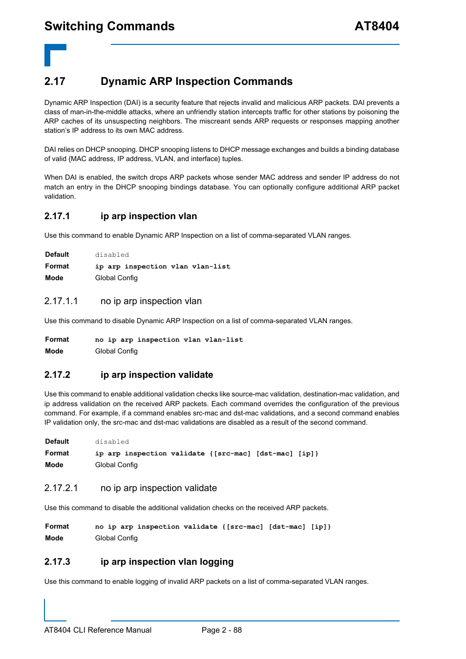 17 dynamic arp inspection commands, 1 ip arp inspection vlan, 1 no ip arp inspection vlan | 2 ip arp inspection validate, 1 no ip arp inspection validate, 3 ip arp inspection vlan logging, 17 dynamic arp inspection commands - 88, Ip arp inspection vlan - 88, Ip arp inspection validate - 88, Ip arp inspection vlan logging - 88 | Kontron AT8404 CLI User Manual | Page 124 / 373