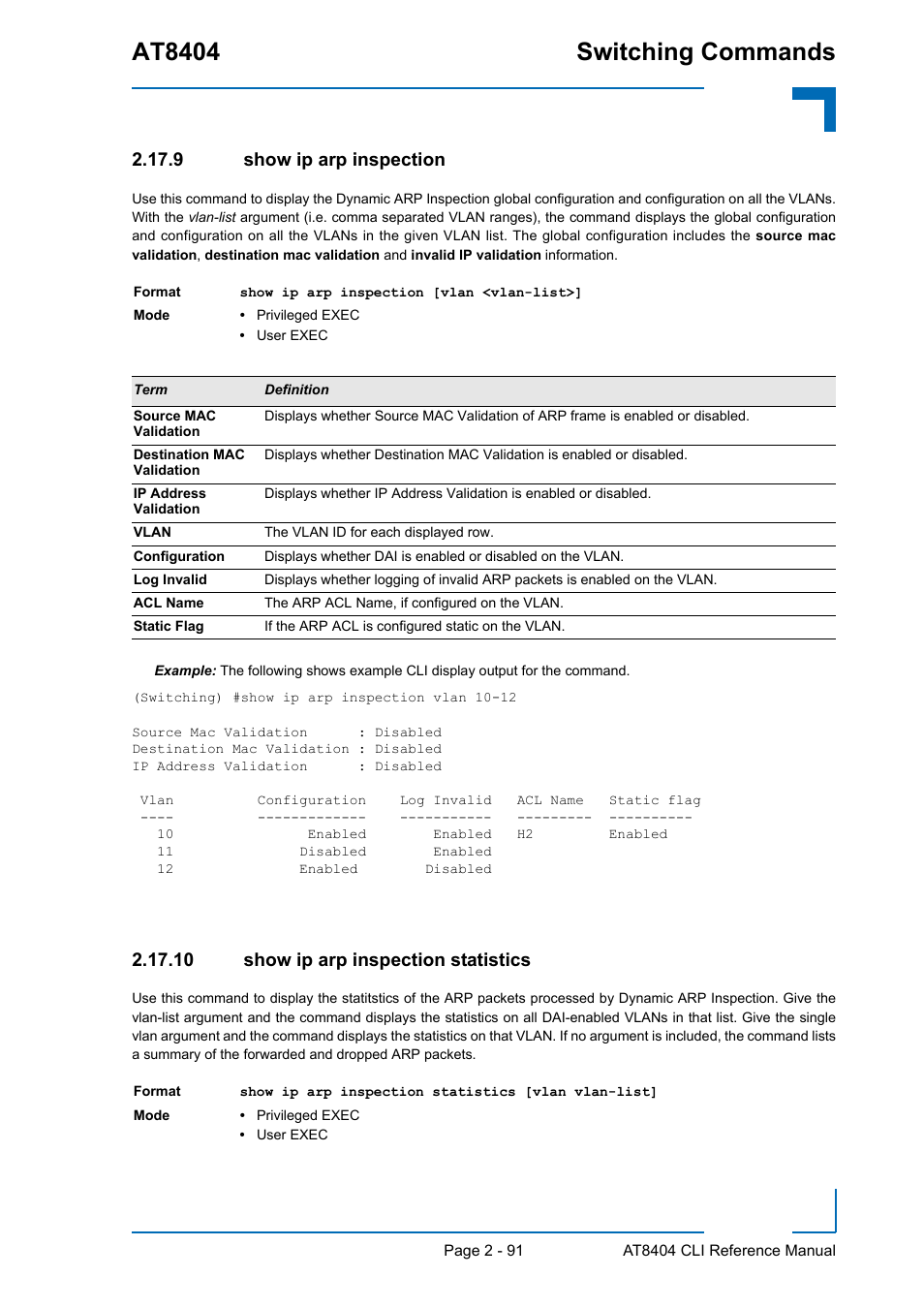 9 show ip arp inspection, 10 show ip arp inspection statistics, Show ip arp inspection - 91 | 10 show ip arp inspection statistics - 91, At8404 switching commands | Kontron AT8404 CLI User Manual | Page 127 / 373