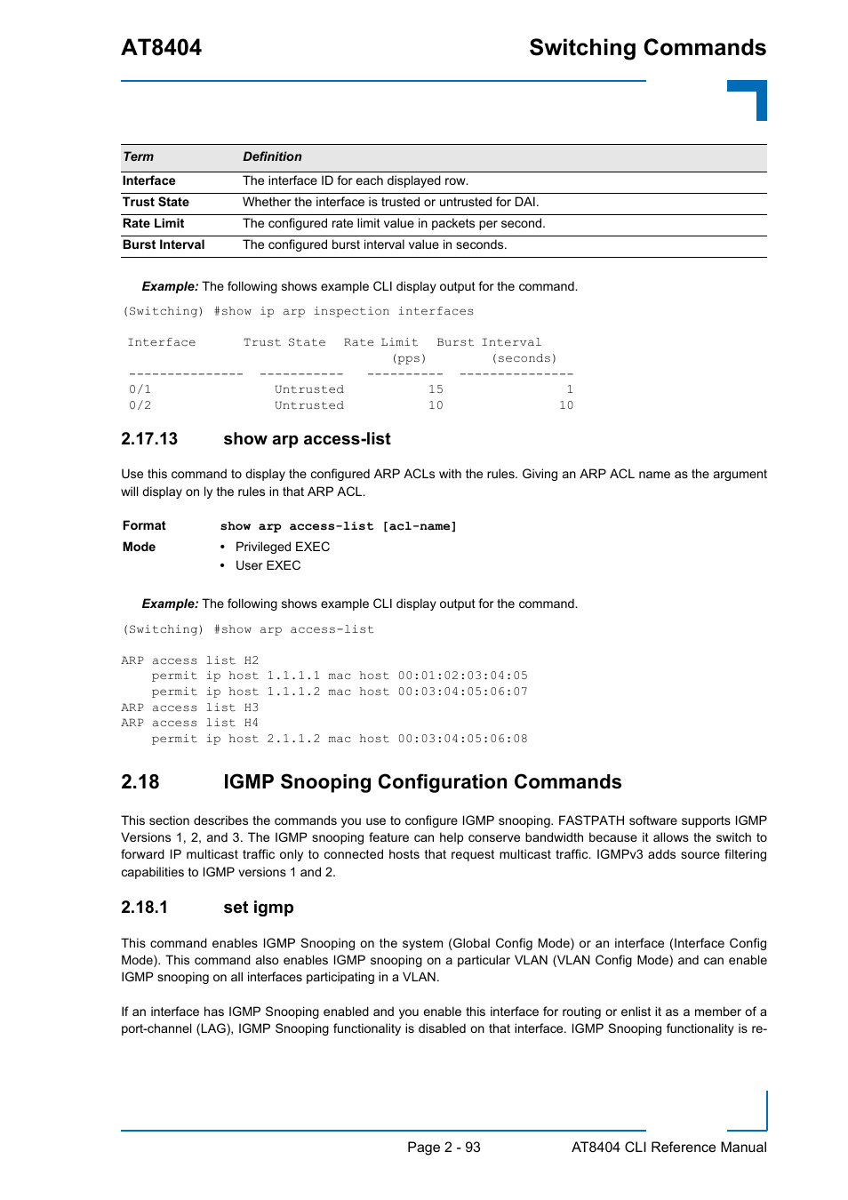 13 show arp access-list, 18 igmp snooping configuration commands, 1 set igmp | 13 show arp access-list - 93, 18 igmp snooping configuration commands - 93, Set igmp - 93, At8404 switching commands | Kontron AT8404 CLI User Manual | Page 129 / 373