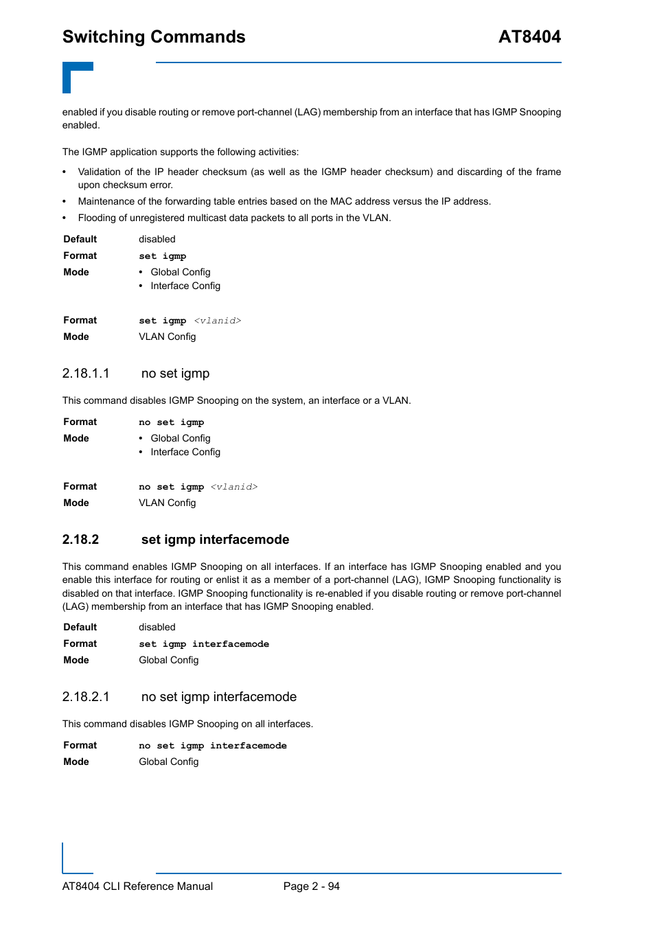 1 no set igmp, 2 set igmp interfacemode, 1 no set igmp interfacemode | Set igmp interfacemode - 94, Switching commands at8404 | Kontron AT8404 CLI User Manual | Page 130 / 373
