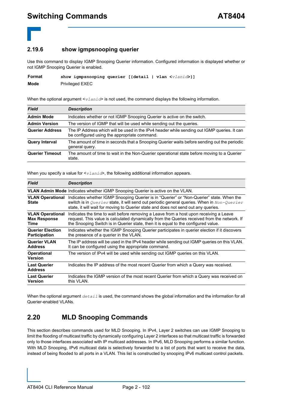 6 show igmpsnooping querier, 20 mld snooping commands, Show igmpsnooping querier - 102 | 20 mld snooping commands - 102, Switching commands at8404 | Kontron AT8404 CLI User Manual | Page 138 / 373