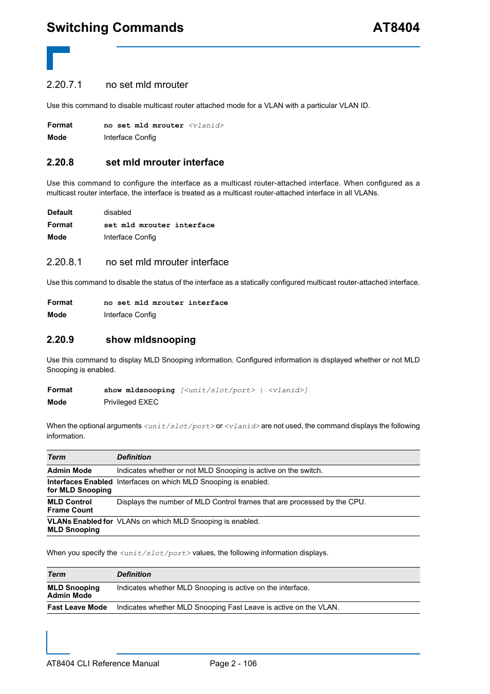 1 no set mld mrouter, 8 set mld mrouter interface, 1 no set mld mrouter interface | 9 show mldsnooping, Set mld mrouter interface - 106, Show mldsnooping - 106, Switching commands at8404 | Kontron AT8404 CLI User Manual | Page 142 / 373