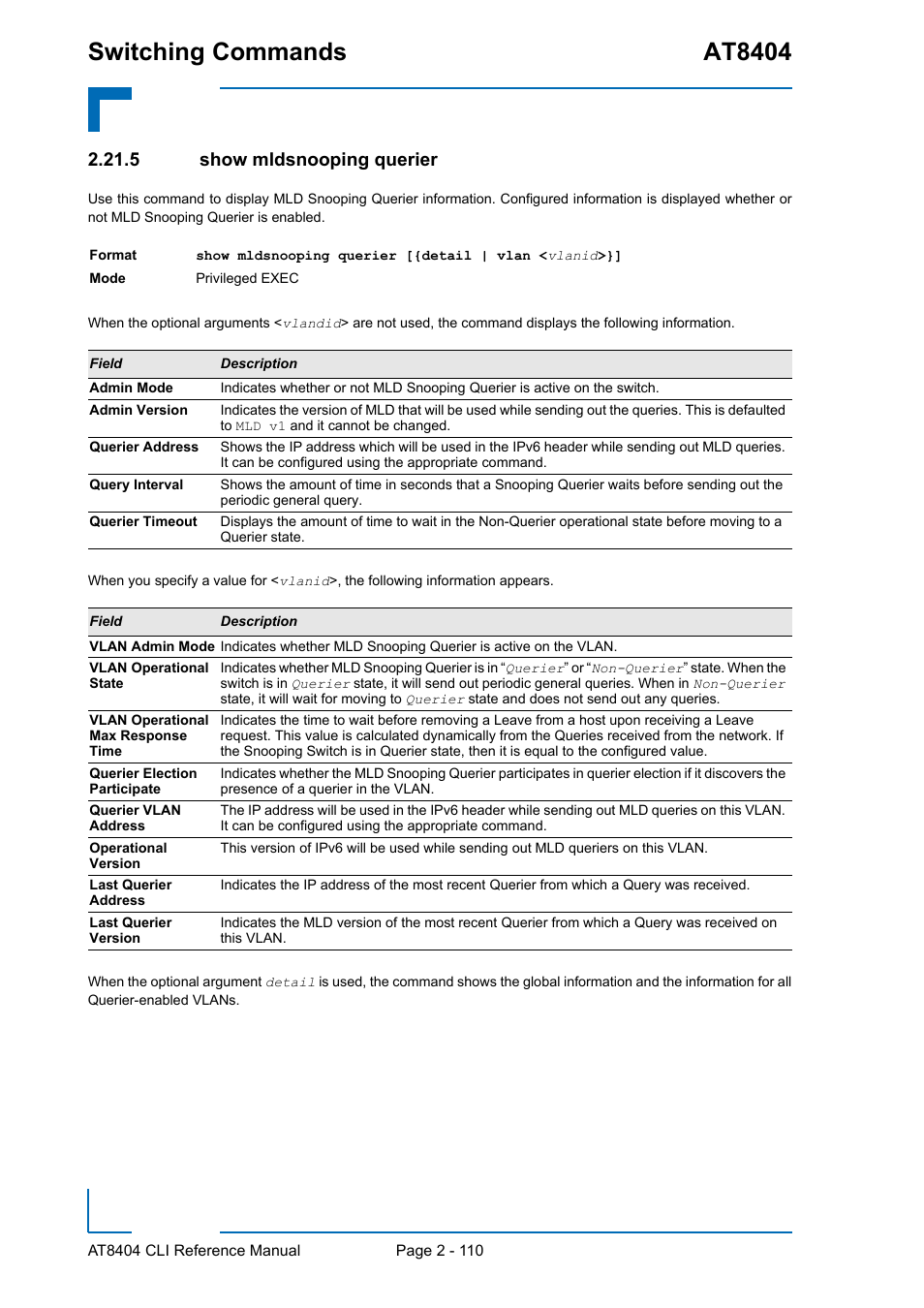 5 show mldsnooping querier, Show mldsnooping querier - 110, Switching commands at8404 | Kontron AT8404 CLI User Manual | Page 146 / 373