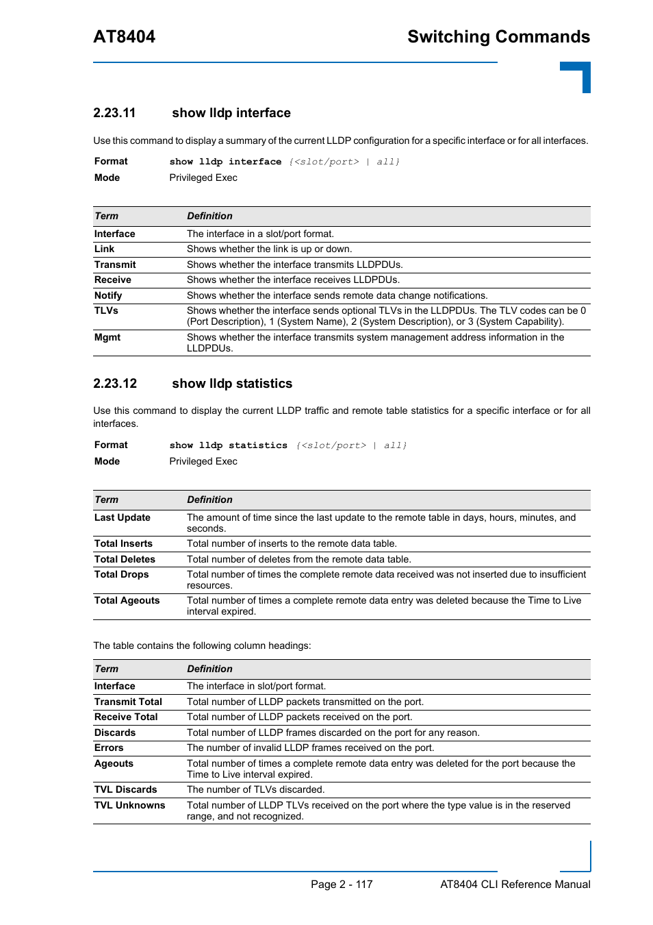 11 show lldp interface, 12 show lldp statistics, At8404 switching commands | Kontron AT8404 CLI User Manual | Page 153 / 373