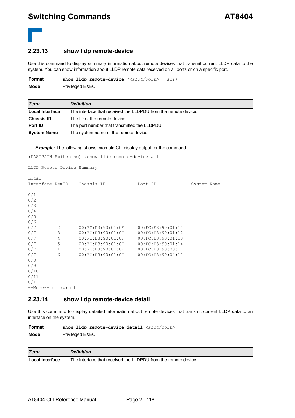 13 show lldp remote-device, 14 show lldp remote-device detail, Switching commands at8404 | Kontron AT8404 CLI User Manual | Page 154 / 373