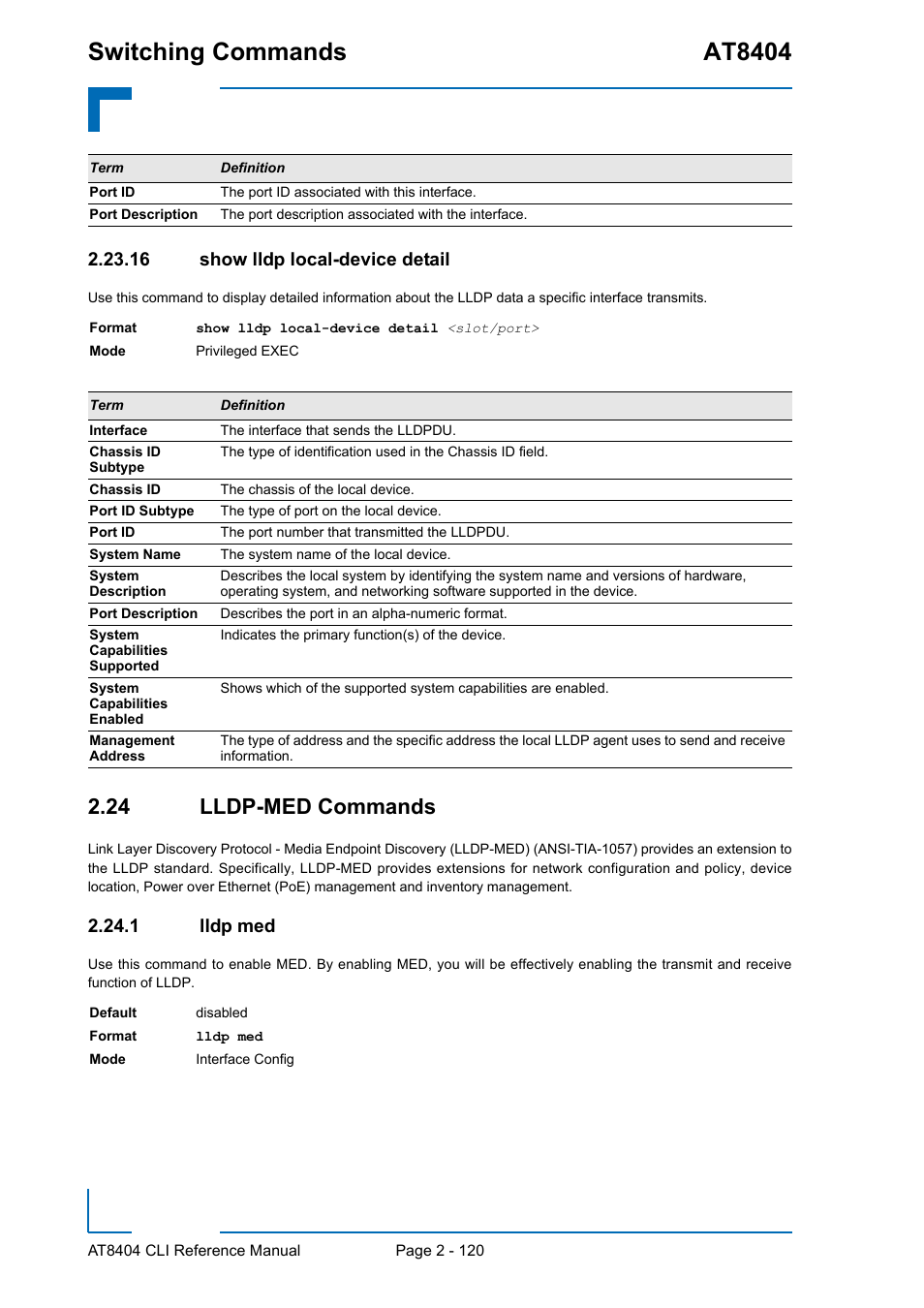 16 show lldp local-device detail, 24 lldp-med commands, 1 lldp med | 16 show lldp local-device detail - 120, 24 lldp-med commands - 120, Lldp med - 120, Switching commands at8404 | Kontron AT8404 CLI User Manual | Page 156 / 373