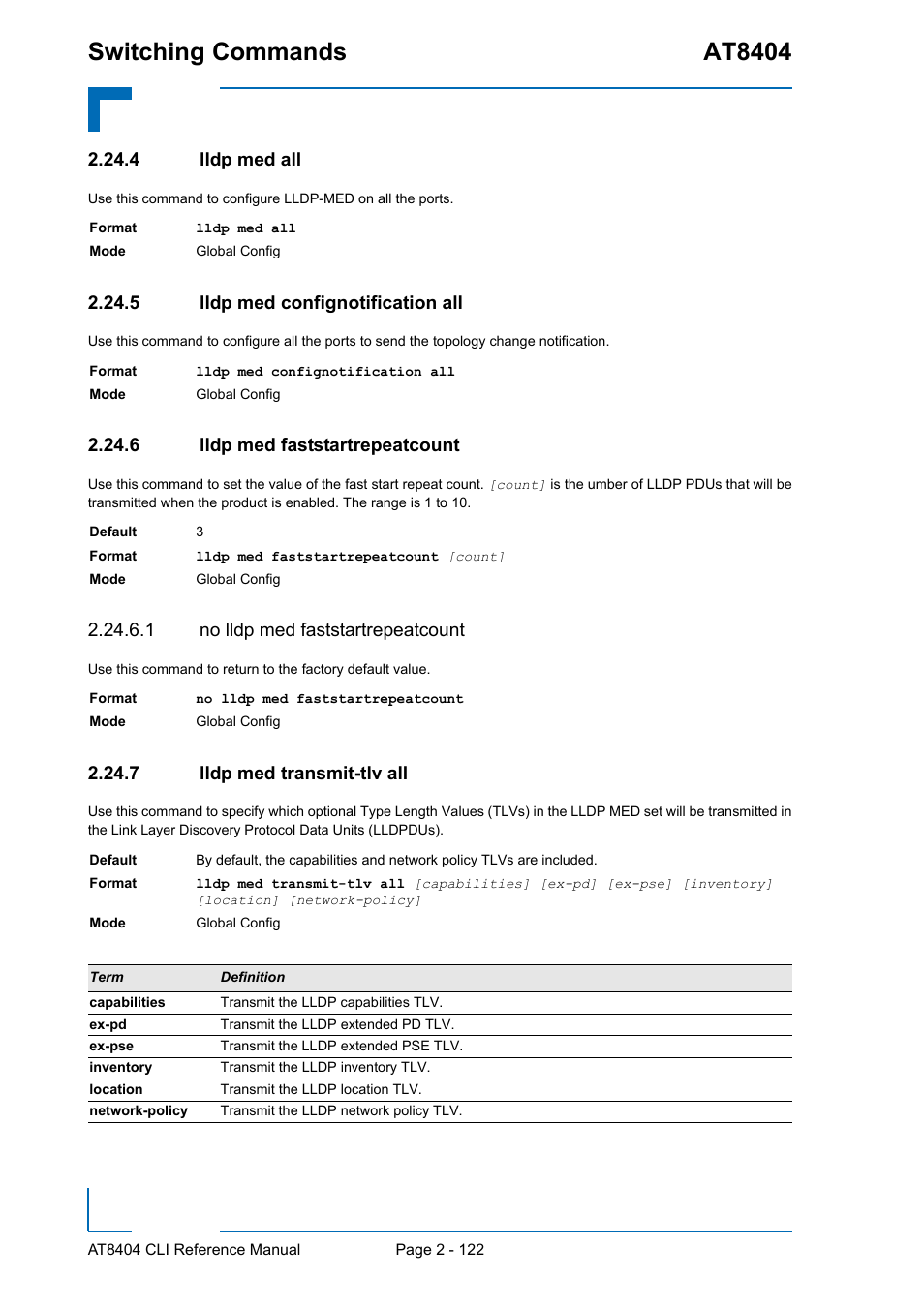 4 lldp med all, 5 lldp med confignotification all, 6 lldp med faststartrepeatcount | 1 no lldp med faststartrepeatcount, 7 lldp med transmit-tlv all, Lldp med all - 122, Lldp med confignotification all - 122, Lldp med faststartrepeatcount - 122, Lldp med transmit-tlv all - 122, Switching commands at8404 | Kontron AT8404 CLI User Manual | Page 158 / 373