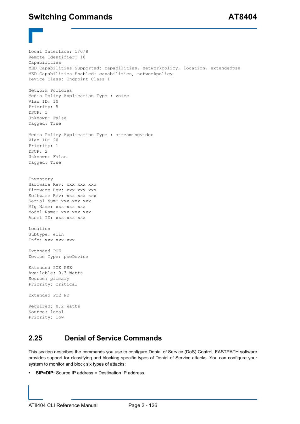 25 denial of service commands, 25 denial of service commands - 126, Switching commands at8404 | Kontron AT8404 CLI User Manual | Page 162 / 373