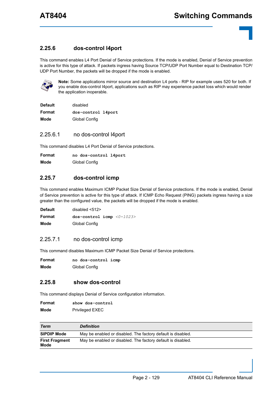 6 dos-control l4port, 1 no dos-control l4port, 7 dos-control icmp | 1 no dos-control icmp, 8 show dos-control, Dos-control l4port - 129, Dos-control icmp - 129, Show dos-control - 129, At8404 switching commands | Kontron AT8404 CLI User Manual | Page 165 / 373
