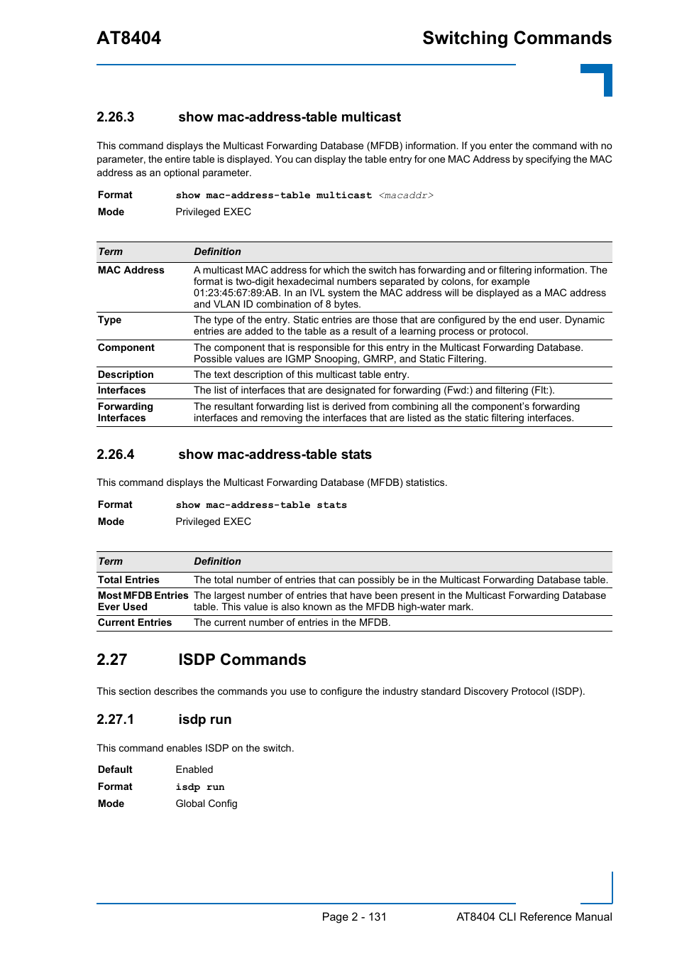 3 show mac-address-table multicast, 4 show mac-address-table stats, 27 isdp commands | 1 isdp run, Show mac-address-table multicast - 131, Show mac-address-table stats - 131, 27 isdp commands - 131, Isdp run - 131, At8404 switching commands | Kontron AT8404 CLI User Manual | Page 167 / 373