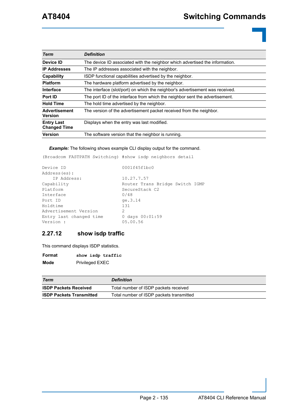 12 show isdp traffic, 12 show isdp traffic - 135, At8404 switching commands | Kontron AT8404 CLI User Manual | Page 171 / 373