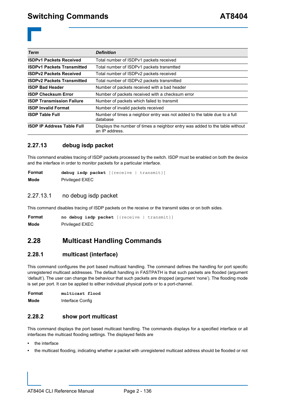 13 debug isdp packet, 1 no debug isdp packet, 28 multicast handling commands | 1 multicast (interface), 2 show port multicast, 13 debug isdp packet - 136, 28 multicast handling commands - 136, Multicast (interface) - 136, Show port multicast - 136, Switching commands at8404 | Kontron AT8404 CLI User Manual | Page 172 / 373