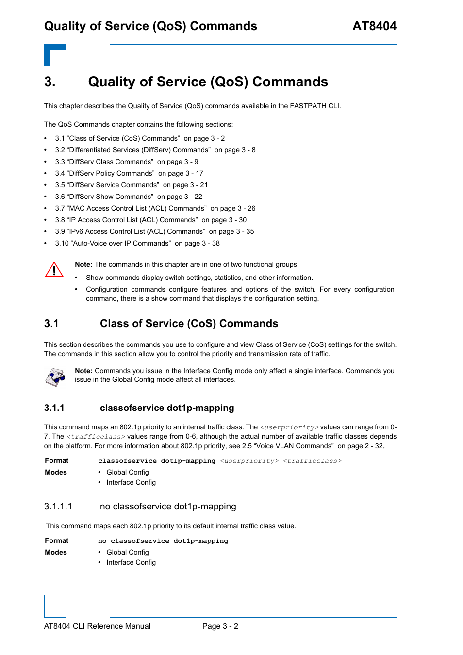 Quality of service (qos) commands, 1 class of service (cos) commands, 1 classofservice dot1p-mapping | 1 no classofservice dot1p-mapping, Quality of service (qos) commands - 2, 1 class of service (cos) commands - 2, Classofservice dot1p-mapping - 2, Quality of service (qos) commands at8404 | Kontron AT8404 CLI User Manual | Page 176 / 373