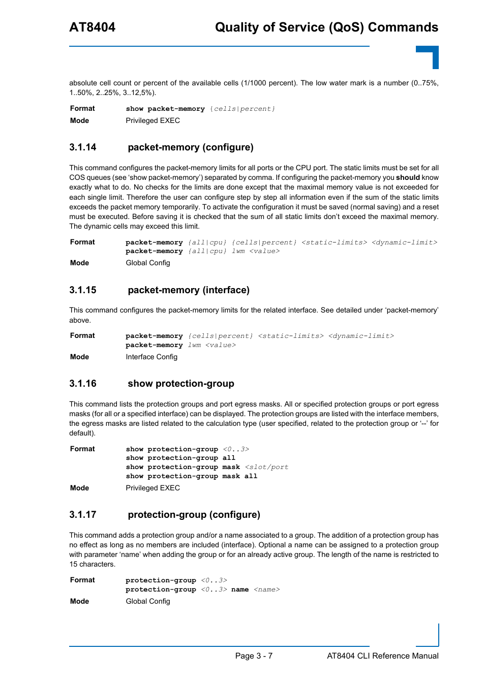 14 packet-memory (configure), 15 packet-memory (interface), 16 show protection-group | 17 protection-group (configure), Packet-memory (configure) - 7, Packet-memory (interface) - 7, Show protection-group - 7, Protection-group (configure) - 7, At8404 quality of service (qos) commands | Kontron AT8404 CLI User Manual | Page 181 / 373