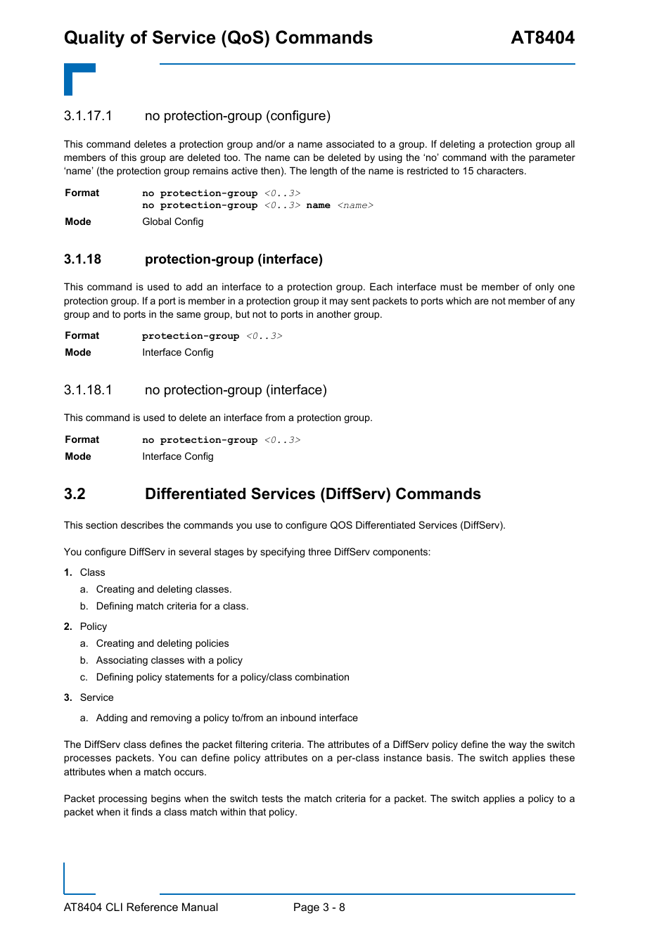 1 no protection-group (configure), 18 protection-group (interface), 1 no protection-group (interface) | 2 differentiated services (diffserv) commands, Protection-group (interface) - 8, 2 differentiated services (diffserv) commands - 8, Quality of service (qos) commands at8404 | Kontron AT8404 CLI User Manual | Page 182 / 373