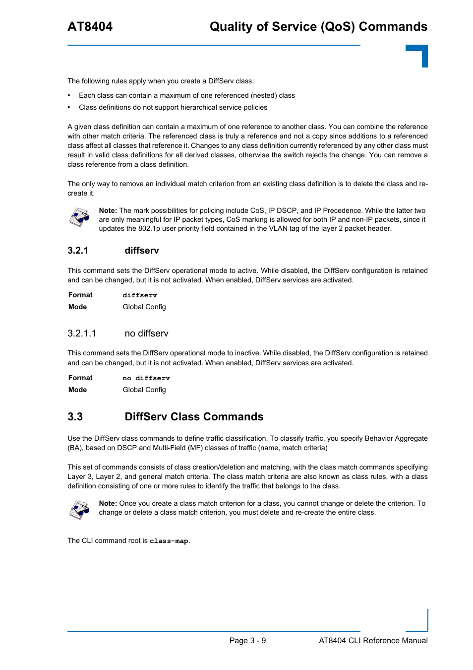 1 diffserv, 1 no diffserv, 3 diffserv class commands | Diffserv - 9, 3 diffserv class commands - 9, At8404 quality of service (qos) commands | Kontron AT8404 CLI User Manual | Page 183 / 373