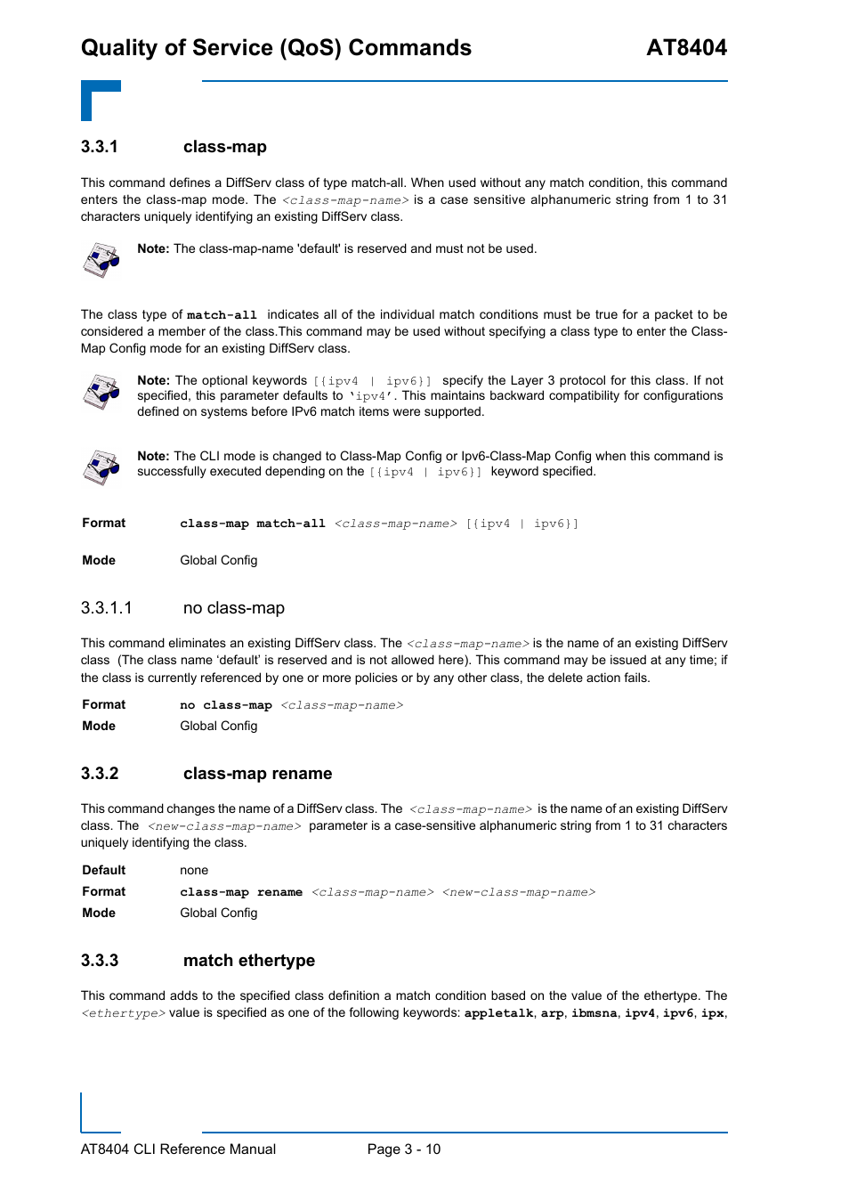 1 class-map, 1 no class-map, 2 class-map rename | 3 match ethertype, Class-map - 10, Class-map rename - 10, Match ethertype - 10, Quality of service (qos) commands at8404 | Kontron AT8404 CLI User Manual | Page 184 / 373