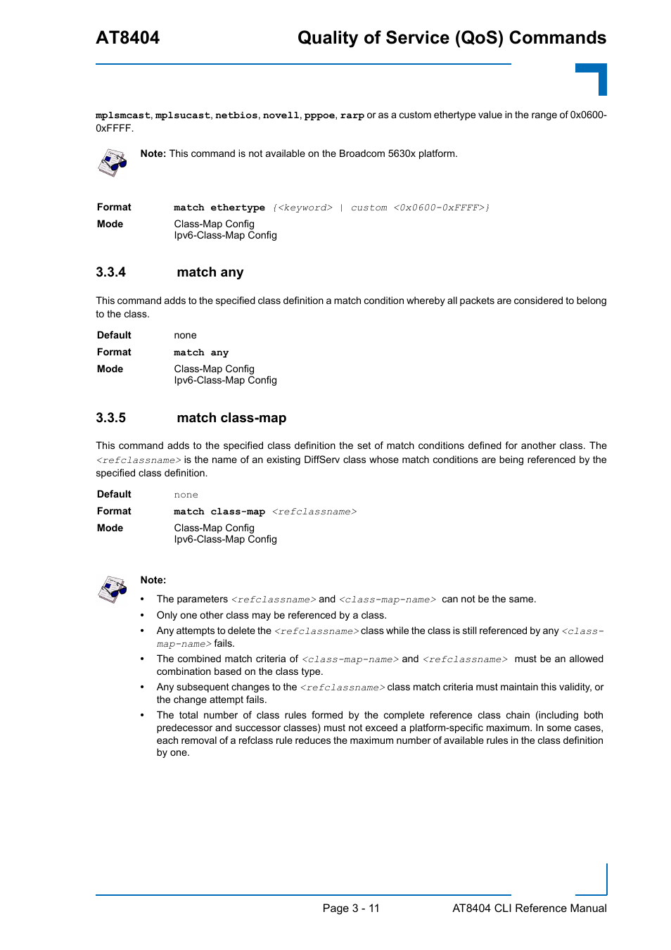 4 match any, 5 match class-map, Match any - 11 | Match class-map - 11, At8404 quality of service (qos) commands | Kontron AT8404 CLI User Manual | Page 185 / 373