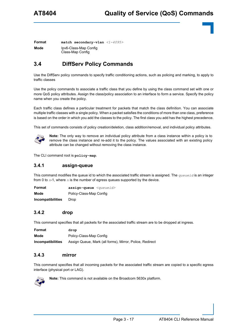 4 diffserv policy commands, 1 assign-queue, 2 drop | 3 mirror, 4 diffserv policy commands - 17, Assign-queue - 17, Drop - 17, Mirror - 17, At8404 quality of service (qos) commands | Kontron AT8404 CLI User Manual | Page 191 / 373