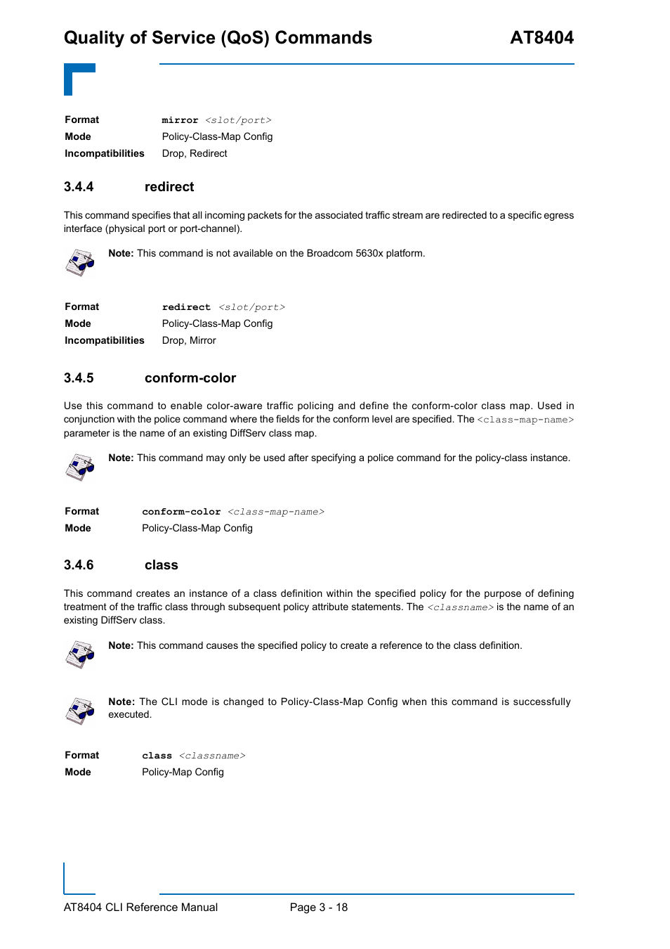 4 redirect, 5 conform-color, 6 class | Redirect - 18, Conform-color - 18, Class - 18, Quality of service (qos) commands at8404 | Kontron AT8404 CLI User Manual | Page 192 / 373