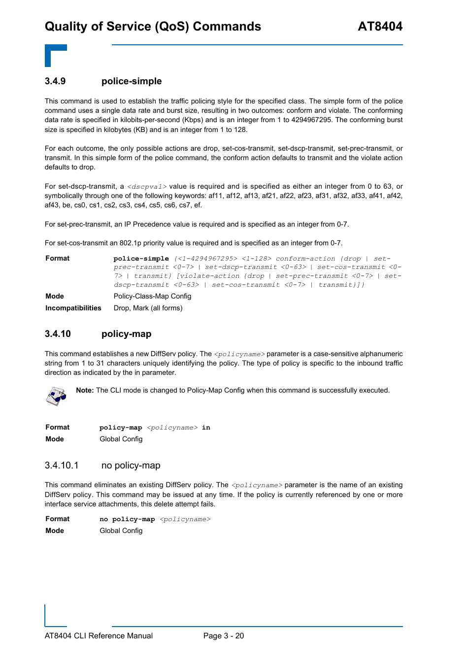 9 police-simple, 10 policy-map, 1 no policy-map | Police-simple - 20, Policy-map - 20, Quality of service (qos) commands at8404 | Kontron AT8404 CLI User Manual | Page 194 / 373