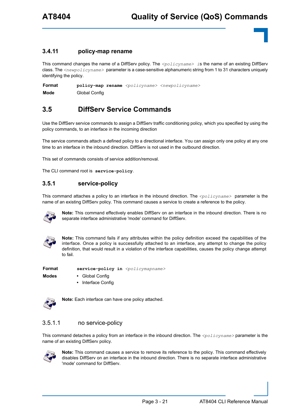 11 policy-map rename, 5 diffserv service commands, 1 service-policy | 1 no service-policy, Policy-map rename - 21, 5 diffserv service commands - 21, Service-policy - 21, At8404 quality of service (qos) commands | Kontron AT8404 CLI User Manual | Page 195 / 373