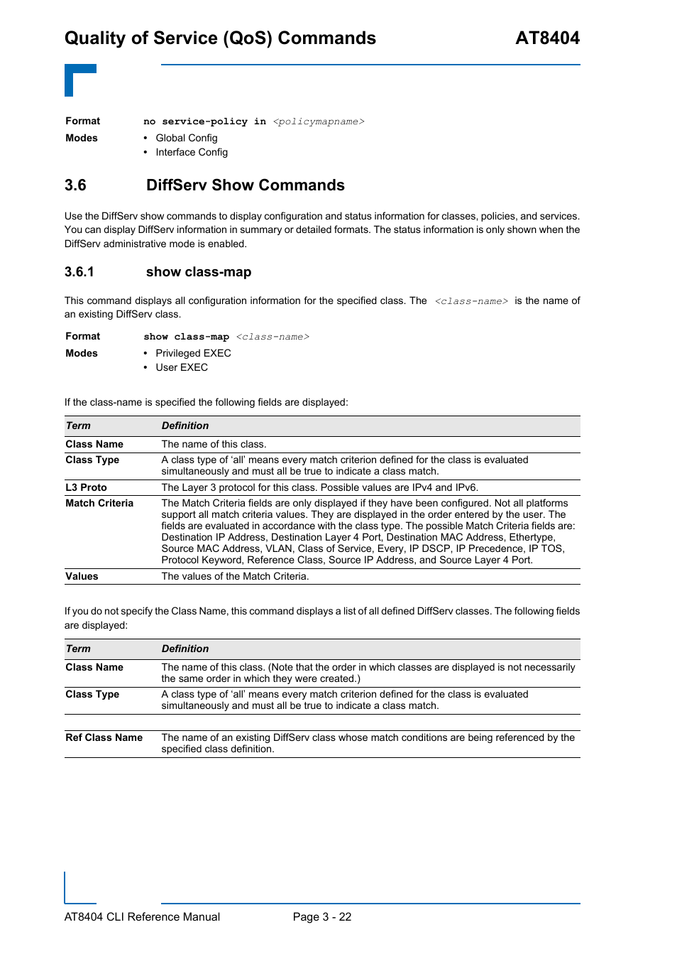 6 diffserv show commands, 1 show class-map, 6 diffserv show commands - 22 | Show class-map - 22, Quality of service (qos) commands at8404 | Kontron AT8404 CLI User Manual | Page 196 / 373