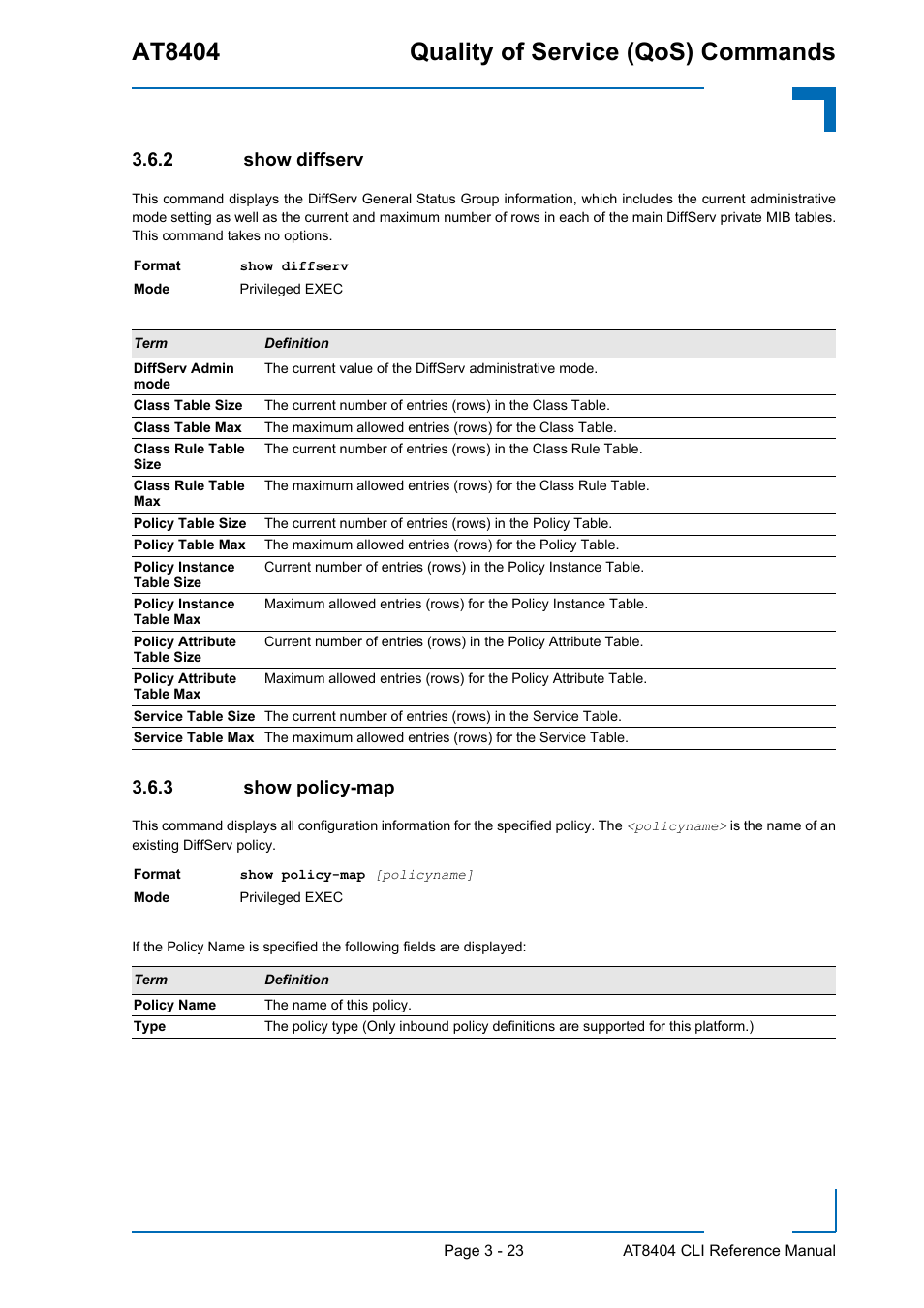 2 show diffserv, 3 show policy-map, Show diffserv - 23 | Show policy-map - 23, At8404 quality of service (qos) commands | Kontron AT8404 CLI User Manual | Page 197 / 373