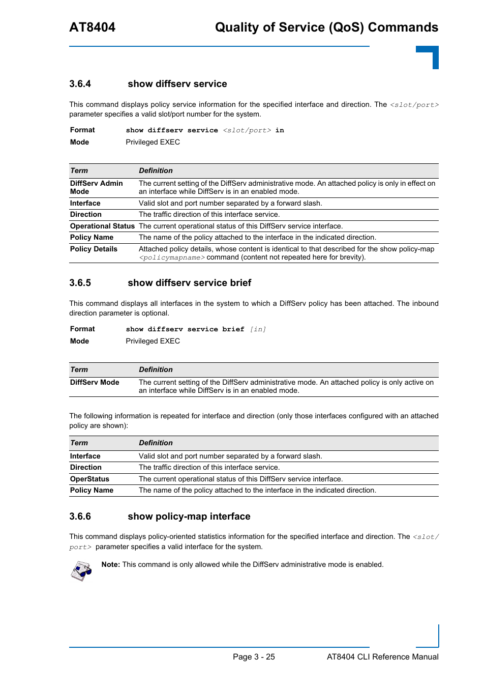 4 show diffserv service, 5 show diffserv service brief, 6 show policy-map interface | Show diffserv service - 25, Show diffserv service brief - 25, Show policy-map interface - 25, At8404 quality of service (qos) commands | Kontron AT8404 CLI User Manual | Page 199 / 373