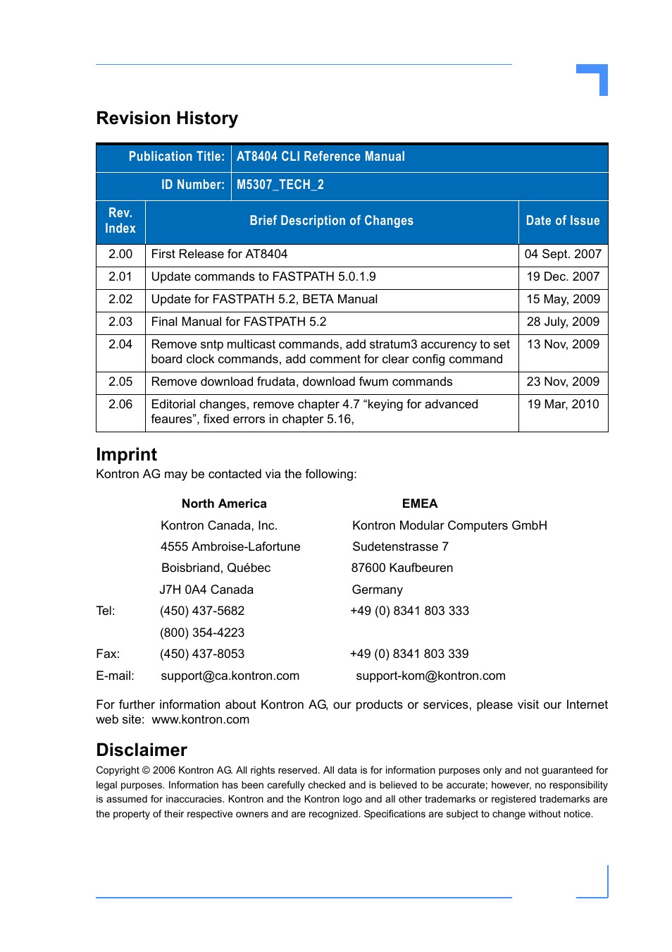 Revision history, Imprint, Disclaimer | Revision history imprint | Kontron AT8404 CLI User Manual | Page 2 / 373