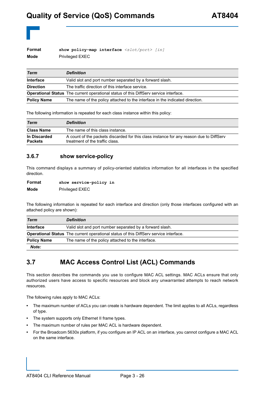 7 show service-policy, 7 mac access control list (acl) commands, Show service-policy - 26 | 7 mac access control list (acl) commands - 26, Quality of service (qos) commands at8404 | Kontron AT8404 CLI User Manual | Page 200 / 373