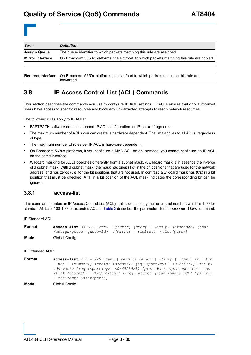 8 ip access control list (acl) commands, 1 access-list, 8 ip access control list (acl) commands - 30 | Access-list - 30, Quality of service (qos) commands at8404 | Kontron AT8404 CLI User Manual | Page 204 / 373