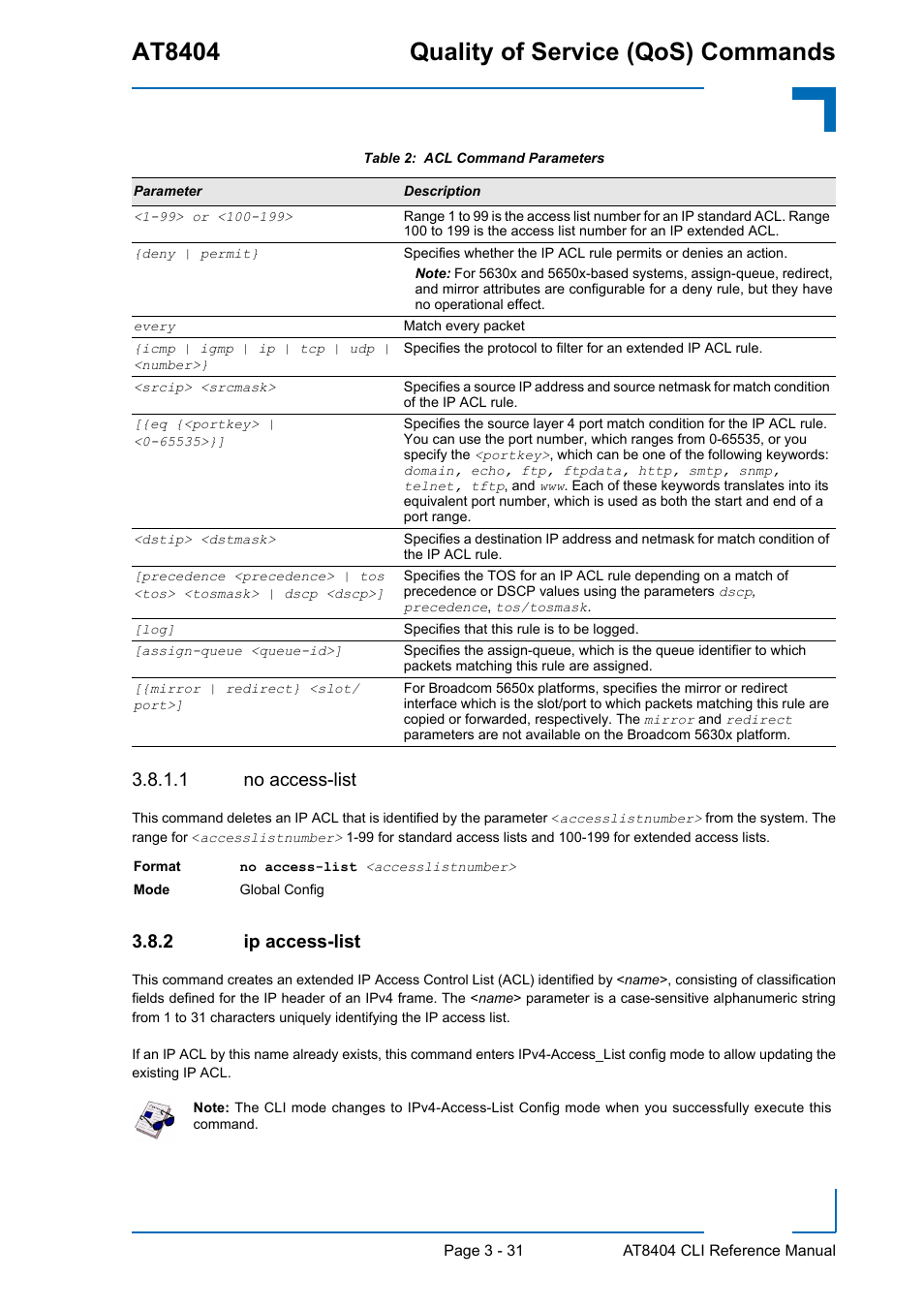 1 no access-list, 2 ip access-list, Ip access-list - 31 | At8404 quality of service (qos) commands | Kontron AT8404 CLI User Manual | Page 205 / 373
