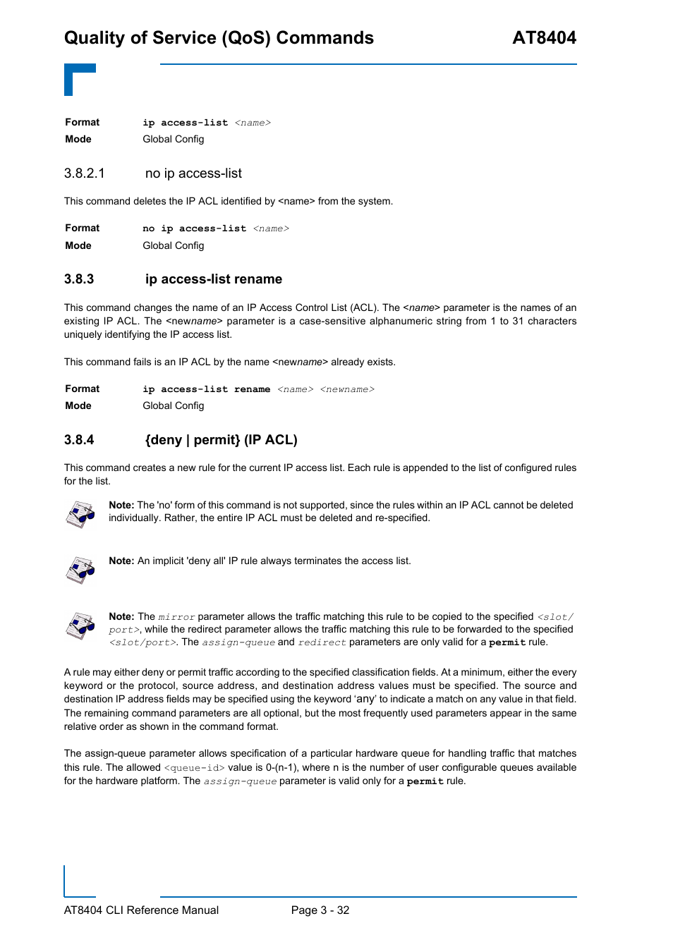 1 no ip access-list, 3 ip access-list rename, 4 {deny | permit} (ip acl) | Ip access-list rename - 32, Deny | permit} (ip acl) - 32, Quality of service (qos) commands at8404 | Kontron AT8404 CLI User Manual | Page 206 / 373