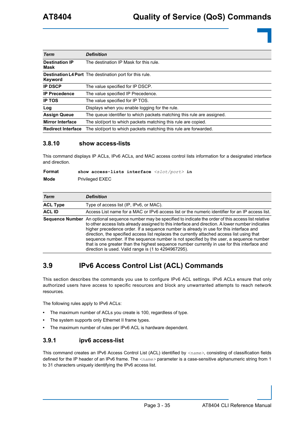 10 show access-lists, 9 ipv6 access control list (acl) commands, 1 ipv6 access-list | Show access-lists - 35, 9 ipv6 access control list (acl) commands - 35, Ipv6 access-list - 35, At8404 quality of service (qos) commands | Kontron AT8404 CLI User Manual | Page 209 / 373